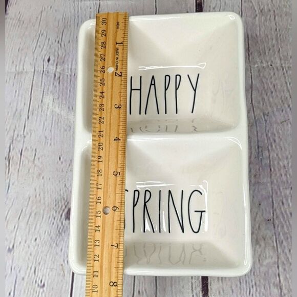 Rae Dunn HAPPY SPRING Divided Ceramic Candy Nut Condiment Trinket Dish - Picture 5 of 5